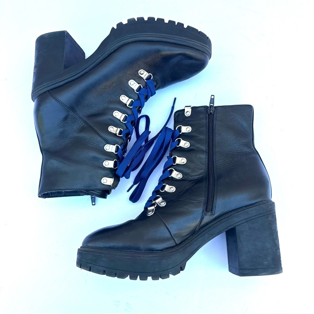 STEVE MADDEN RICHIE 9.5 Black Leather Combat Platform Lug Sole Boots - Picture 4 of 9